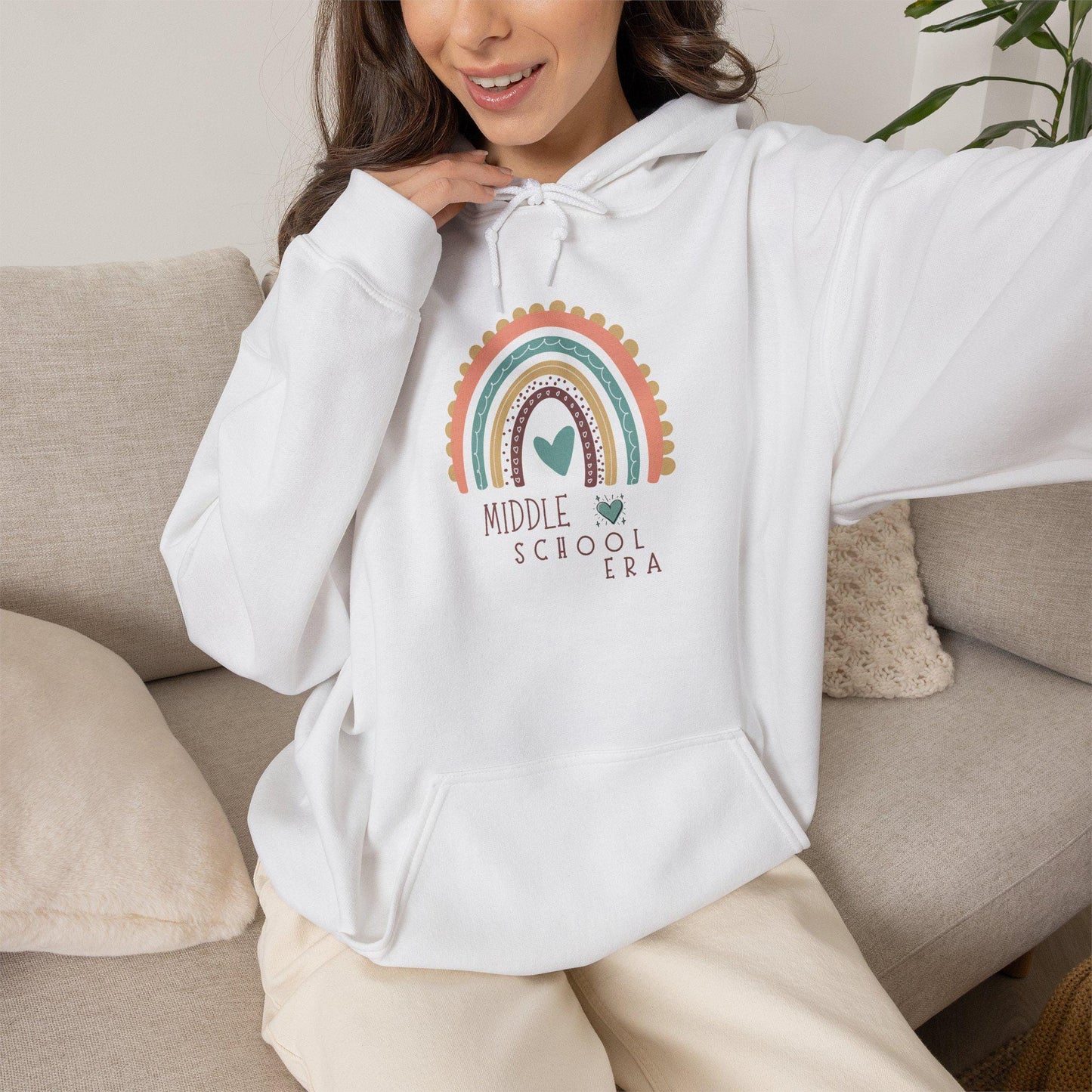 Middle School Boho Rainbow Heart Hoodie gifted | Cozy Pastel Rainbow Sweatshirt | Youthful and Children | Teen Pullover Era
