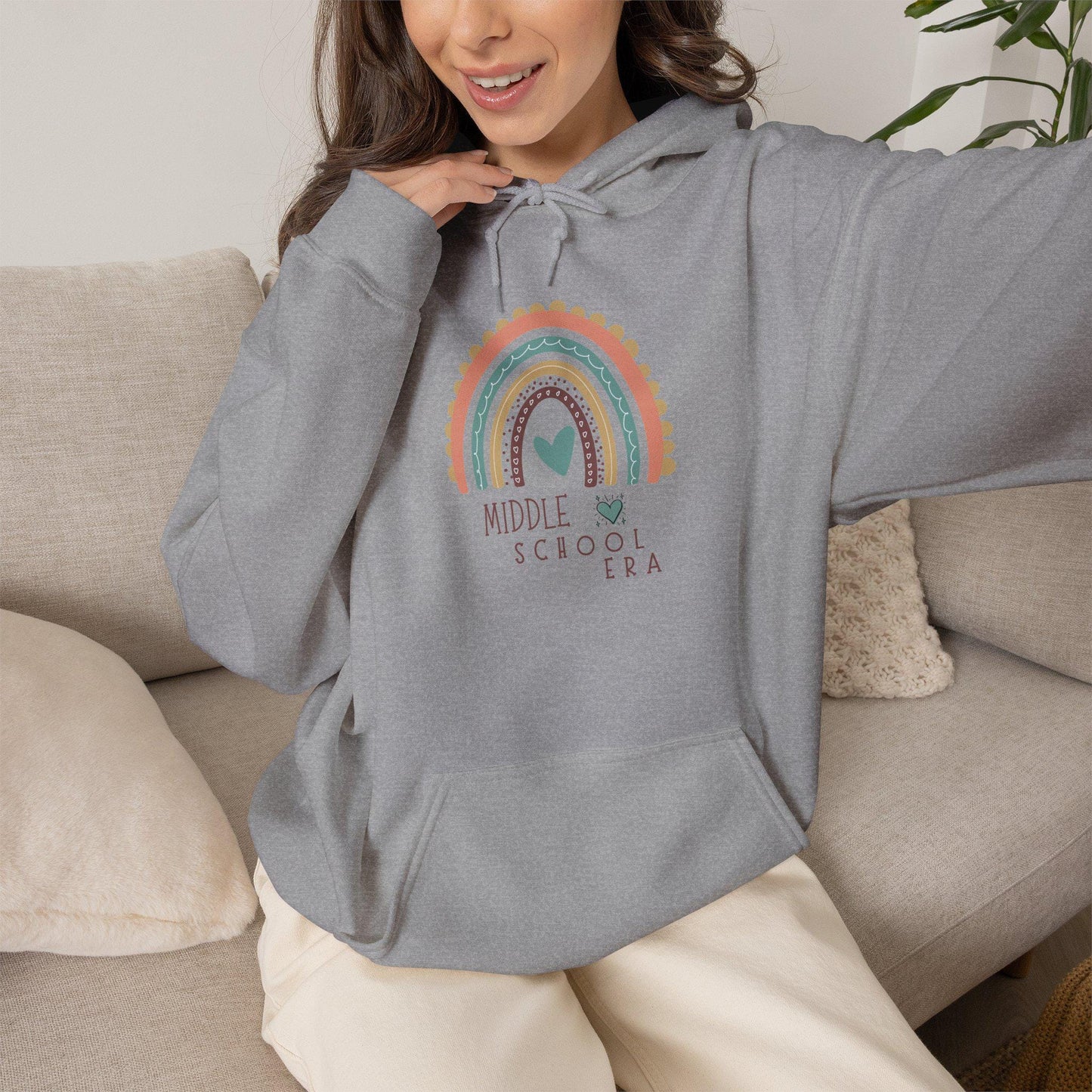 Middle School Boho Rainbow Heart Hoodie gifted | Cozy Pastel Rainbow Sweatshirt | Youthful and Children | Teen Pullover Era
