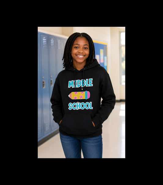 Middle School Pencil Hoodie Gifted | Cute School Supplies Graphic | Cozy Comfortable Pullover | Teen Warm Apparel with Pockets | Long sleeve