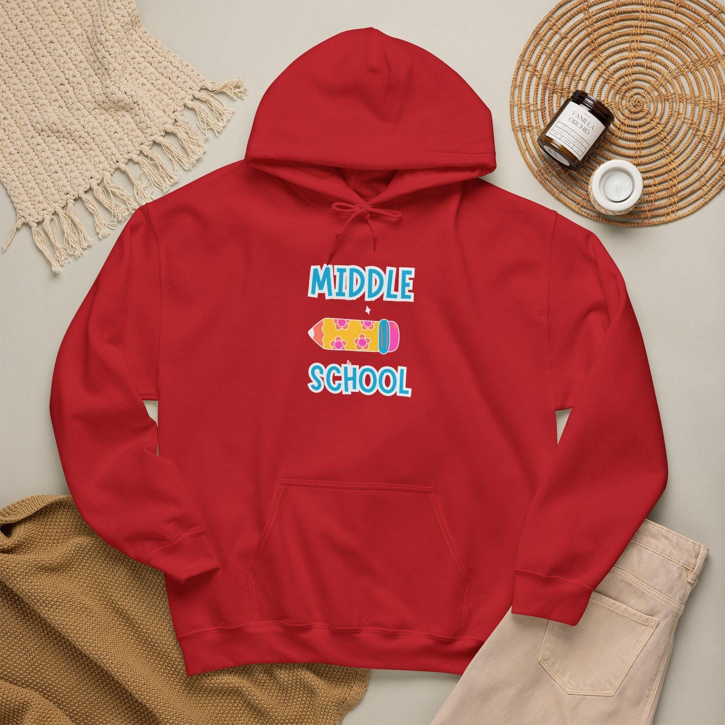 Middle School Pencil Hoodie Gifted | Cute School Supplies Graphic | Cozy Comfortable Pullover | Teen Warm Apparel with Pockets | Long sleeve