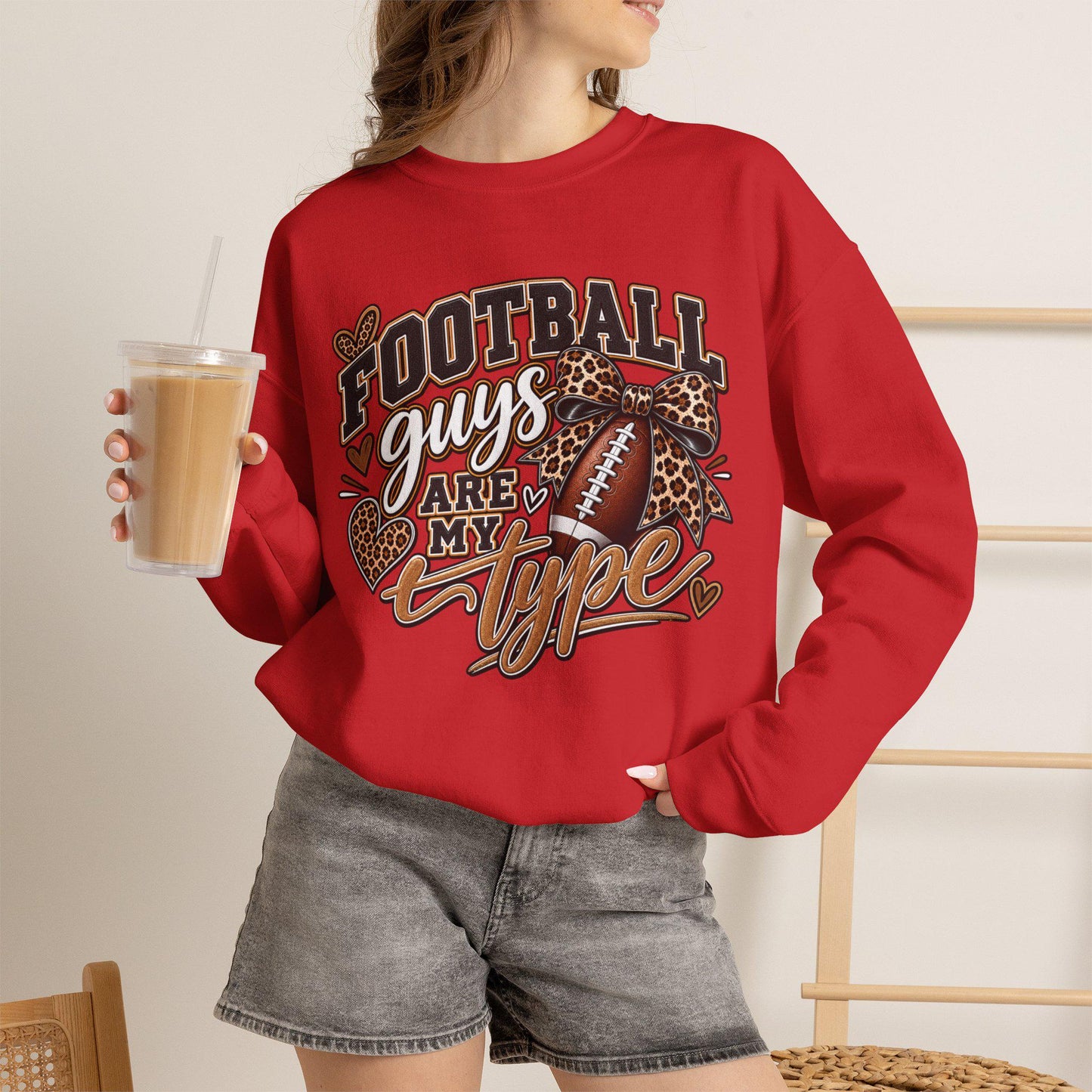 Women's Football Guys Are My Type sweatshirt | Football Heart Leopard Print Pullover, Mom Female Game Season Apparel, Football Shirt Top